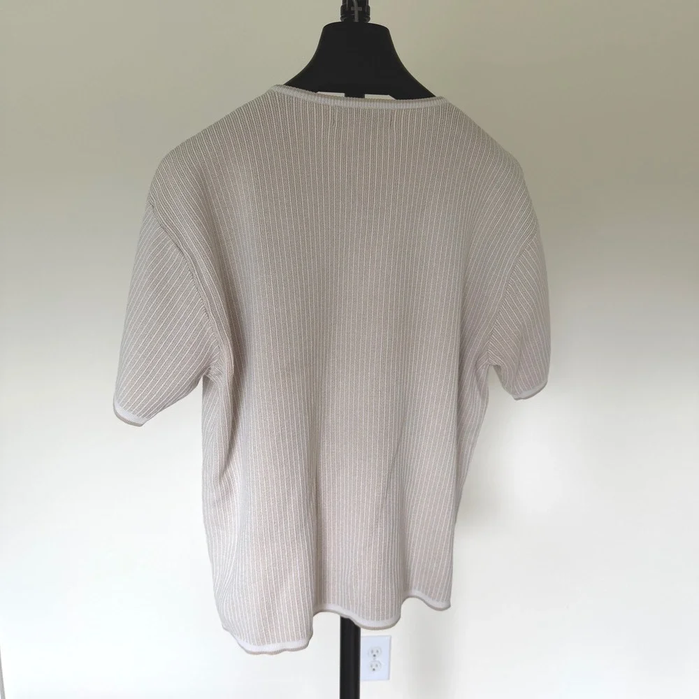 Y2K Banana Republic XL V-Neck Ribbed Knit Short Sleeve Cotton Sweater Tan White